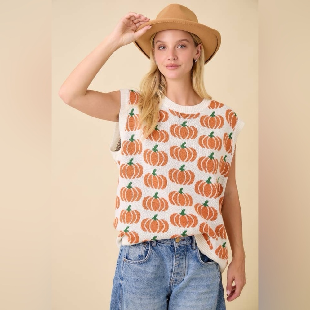 Pumpkin Print Knit Sweater Vest Sleeveless Top - Main Strip